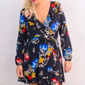 Express Floral Print Wrap Long Sleeve Ruffle Dress Size S
